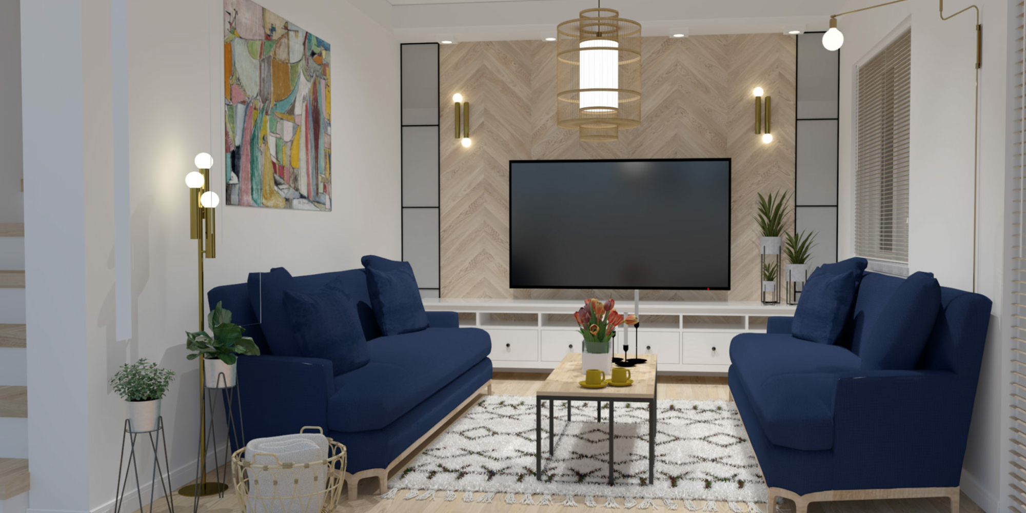 Biały salon z granatowymi meblami i drewnianymi dodatkami