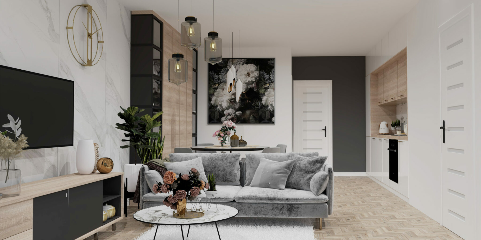 Jasny dom piętrowy z drewnianymi białymi dodatkami